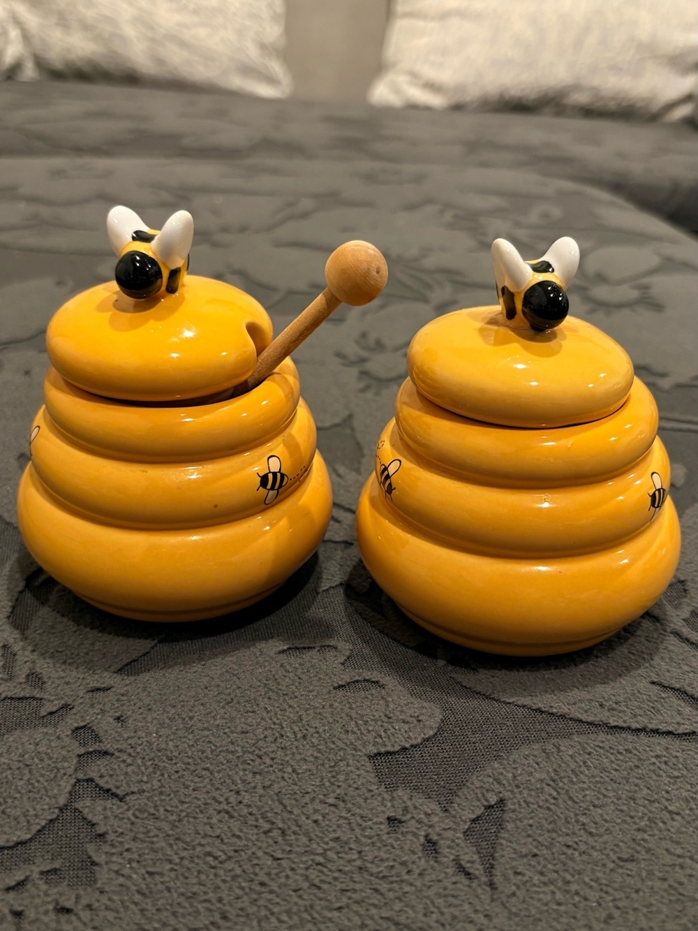 Yellow Ceramic Honey Pot Set with Bee-Top Lids and Wooden Dipper